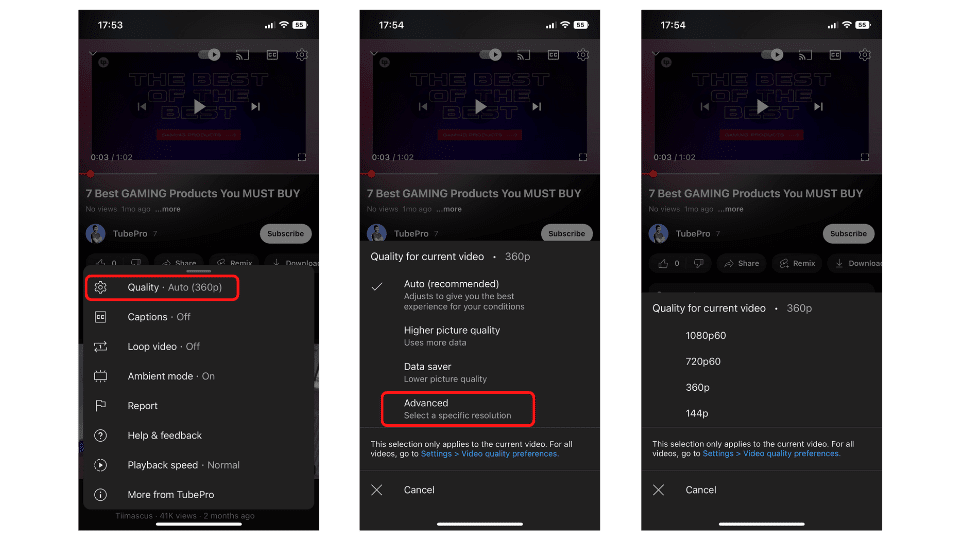 Change YouTube Quality Settings - Mobile Video Player