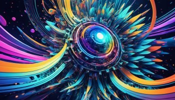An AI image generator in action, creating a colorful and abstract digital artwork with intricate patterns and shapes. The generator is depicted as a futuristic machine, with glowing neon lights and sleek metallic surfaces